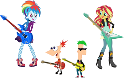 Size: 11329x7116 | Tagged: dead source, safe, artist:birdalliance, character:rainbow dash, character:sunset shimmer, episode:friendship through the ages, equestria girls:rainbow rocks, g4, my little pony: equestria girls, my little pony:equestria girls, 80s, absurd resolution, bass guitar, clothing, crossover, disney, electric guitar, ferb fletcher, flying v, group, guitar, guitar pick, guitars, high heel boots, leather jacket, looking at each other, musical instrument, necklace, open mouth, phineas and ferb, phineas flynn, playing, rainbow punk, rockin' hair, sunglasses