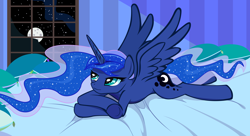 Size: 8422x4580 | Tagged: safe, artist:sagegami, character:princess luna, absurd resolution, bed, female, lying down, moon, pillow, solo, vector, wingboner