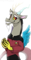 Size: 534x1024 | Tagged: safe, artist:spiggy-the-cat, character:discord, species:draconequus, g4, clothing, cute, discute, looking at you, male, q, simple background, smiling, smiling at you, solo, star trek, starfleet, starfleet uniform, uniform, white background