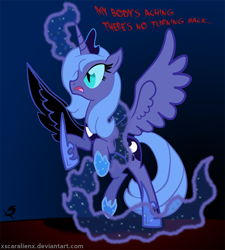 Size: 1000x1110 | Tagged: safe, artist:xscaralienx, character:nightmare moon, character:princess luna, species:alicorn, species:pony, crown, female, glare, hoof shoes, jewelry, mare, open mouth, peytral, rearing, regalia, s1 luna, solo, spread wings, text, transformation, wings