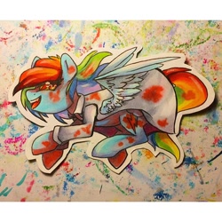 Size: 640x640 | Tagged: safe, artist:y0wai, character:rainbow dash, clothing, coat, costume, cute little fangs, fake blood, fangs, female, flying, solo, traditional art