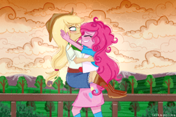 Size: 1080x720 | Tagged: safe, artist:lelka-philka, character:applejack, character:pinkie pie, ship:applepie, my little pony:equestria girls, blushing, clothing, cowboy hat, denim skirt, eyes closed, female, hat, lesbian, shipping, signature, skirt, stetson