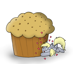 Size: 1600x1400 | Tagged: safe, artist:blayaden, character:derpy hooves, species:pegasus, species:pony, female, giant muffin, mare, muffin, solo, that pony sure does love muffins