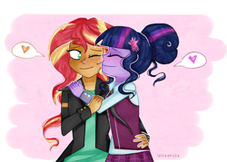 Size: 1008x720 | Tagged: safe, artist:lelka-philka, character:sunset shimmer, character:twilight sparkle, character:twilight sparkle (scitwi), species:eqg human, ship:scitwishimmer, ship:sunsetsparkle, equestria girls:friendship games, g4, my little pony: equestria girls, my little pony:equestria girls, clothing, crystal prep academy, crystal prep academy uniform, crystal prep shadowbolts, eyes closed, female, glasses, heart, leather jacket, lesbian, one eye closed, school uniform, shipping, signature, skirt