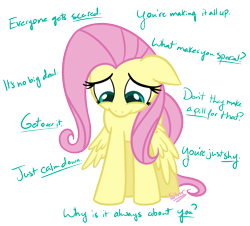 Size: 909x822 | Tagged: safe, artist:silverrainclouds, character:fluttershy, bullying, female, looking down, sad, simple background, solo, text, this will end in school shooting, transparent background