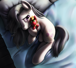 Size: 1350x1197 | Tagged: safe, artist:chryseum, character:big mcintosh, character:marble pie, species:earth pony, species:pony, ship:marblemac, bed, cute, doll, fluffy, hug, lidded eyes, male, marblebetes, on side, plushie, shipping, smiling, solo, squishy cheeks, stallion, straight, toy