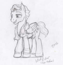 Size: 1777x1825 | Tagged: safe, artist:stagetechyart, character:wind rider, species:pegasus, species:pony, episode:rarity investigates, g4, my little pony: friendship is magic, male, monochrome, sketch, smiling, solo, traditional art