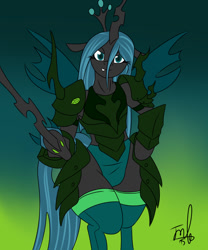 Size: 1000x1200 | Tagged: safe, artist:quakebrothers, character:queen chrysalis, species:anthro, armor, female, solo, sword, wide hips
