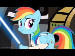 Size: 480x360 | Tagged: safe, artist:jacob kitts, character:rainbow dash, a new hope, crossover, female, hoof hold, jedi, lightsaber, luke skywalker, solo, star wars