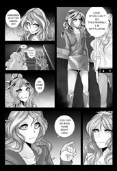 Size: 768x1124 | Tagged: safe, artist:silvertrash, character:adagio dazzle, character:sunset shimmer, ship:sunsagio, my little pony:equestria girls, comic, fanfic art, female, i wanna be your pony, lesbian, monochrome, shipping