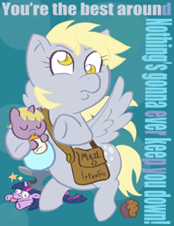 Size: 400x518 | Tagged: safe, artist:kevinbolk, character:derpy hooves, character:dinky hooves, character:twilight sparkle, species:pegasus, species:pony, species:unicorn, baby, baby pony, colored pupils, equestria's best mother, female, food, joe esposito, mailbag, mare, muffin, song reference, the best around