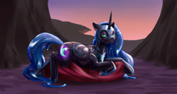 Size: 1741x924 | Tagged: safe, artist:trunchbull, character:nightmare moon, character:princess luna, species:alicorn, species:pony, armor, cushion, cutie mark, dusk, female, horn, latex, looking at you, lying down, prone, solo, wings