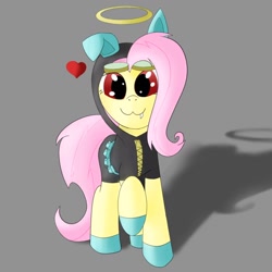 Size: 894x894 | Tagged: safe, artist:kickassking, character:flutterbat, character:fluttershy, species:bat pony, species:pony, bunny ears, clothing, costume, cute, cute little fangs, dangerous mission outfit, fangs, female, goggles, halo, heart, hoodie, solo, stealth suit, suit, wingless