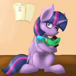 Size: 2000x2000 | Tagged: safe, artist:blairchan231, character:twilight sparkle, character:twilight sparkle (alicorn), oc, oc:northern haste, species:alicorn, species:pony, age regression, baby bottle, book, bottle feeding, commission, female, foal, mare