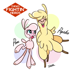 Size: 600x593 | Tagged: safe, artist:rikuta, community related, character:paprika paca, character:pom lamb, species:alpaca, species:sheep, them's fightin' herds, chest fluff, cloven hooves, duo, female, lamb, simple background, white background