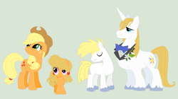 Size: 1168x656 | Tagged: safe, artist:deppressedunicorn, character:applejack, character:prince blueblood, oc, parent:applejack, parent:prince blueblood, parents:bluejack, ship:bluejack, bluejack, crack shipping, family, female, male, offspring, shipping, simple background, straight