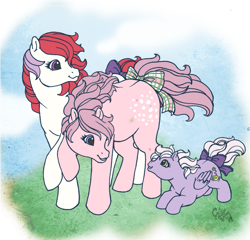 Size: 831x797 | Tagged: safe, artist:kuro-rakuen, character:cotton candy (g1), character:moondancer (g1), species:pony, g1, baby, baby pony, baby yo-yo, bow, tail bow