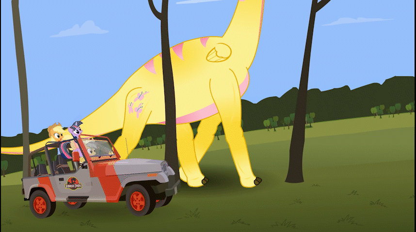 Size: 858x480 | Tagged: safe, artist:jacob kitts, character:applejack, character:daring do, character:fluttershy, character:twilight sparkle, animated, camera pan, car, dinosaur, dinosaurified, eating, female, herbivore, jeep, jeep wrangler, jurassic park, majestic as fuck, not salmon, open mouth, parody, puffy cheeks, sauropod, smiling, species swap, wat, wings