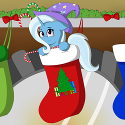 Size: 3000x3000 | Tagged: safe, artist:vanillaghosties, character:trixie, species:pony, species:unicorn, candy, candy cane, christmas, christmas stocking, cute, diatrixes, female, food, mare, sock, solo, tiny