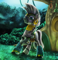Size: 1366x1400 | Tagged: safe, artist:chryseum, character:zecora, species:zebra, episode:the cutie re-mark, alternate timeline, chrysalis resistance timeline, everfree forest, female, mask, resistance leader zecora, solo, spear, weapon, zecora's hut
