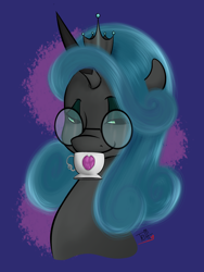 Size: 3000x4000 | Tagged: source needed, useless source url, safe, alternate version, artist:chibiteff, character:queen chrysalis, species:changeling, female, glasses, reversalis, solo, teacup
