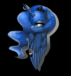 Size: 1263x1360 | Tagged: safe, artist:calyartist, character:princess luna, species:alicorn, species:pony, bust, colored pupils, female, folded wings, horn, jewelry, mare, portrait, profile, regalia, solo, tiara, wings