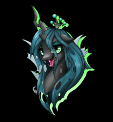 Size: 1263x1360 | Tagged: dead source, safe, artist:calyartist, character:queen chrysalis, species:changeling, bust, changeling queen, fangs, female, hair over one eye, open mouth, portrait, solo