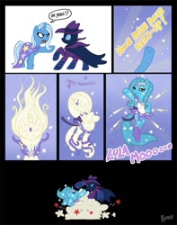 Size: 587x744 | Tagged: safe, artist:kiguren, character:mare do well, character:trixie, species:pony, species:unicorn, ball of violence, clothing, comic, female, fight, leotard, magical girl, mare, parody, sailor moon, transformation, transformation sequence