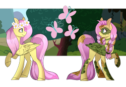 Size: 4349x3000 | Tagged: safe, artist:hfinder, character:fluttershy, species:pegasus, species:pony, episode:the cutie re-mark, g4, my little pony: friendship is magic, alternate hairstyle, alternate timeline, braid, chrysalis resistance timeline, cutie mark, duality, duo, face paint, female, floral head wreath, folded wings, looking at each other, mare, mood contrast, mud, raised hoof, smiling, standing, tribalshy, wreath