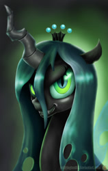 Size: 450x712 | Tagged: safe, artist:reillyington86, character:queen chrysalis, species:changeling, changeling queen, evil grin, fangs, female, looking at you, solo