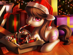 Size: 1999x1500 | Tagged: safe, artist:chryseum, character:octavia melody, species:earth pony, species:pony, candy, candy cane, chocolate, christmas, christmas lights, christmas tree, clothing, cute, female, food, hat, looking at you, mare, present, santa hat, solo, sugar cane, tavibetes, tree