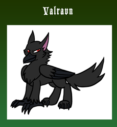 Size: 900x983 | Tagged: safe, artist:the-clockwork-crow, oc, oc only, species:raven, species:wolf, beak, claws, eponia, land of eponia, red eyes, simple background, text, valravn, white background, wings