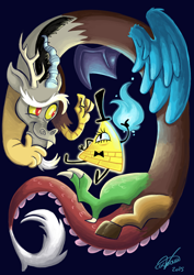 Size: 1280x1810 | Tagged: safe, artist:colourbee, character:discord, bill cipher, chaos magic, crossover, gravity falls