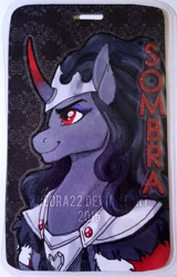 Size: 474x739 | Tagged: safe, artist:starkindlerstudio, character:king sombra, badge, con badge, queen umbra, rule 63, solo, traditional art