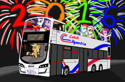 Size: 1024x670 | Tagged: safe, artist:infinityr319, character:applejack, character:fluttershy, character:pinkie pie, character:rainbow dash, character:rarity, character:twilight sparkle, 2016, bus, champagne, double decker bus, fireworks, happy new year, happy new year 2016, mane six, new year, volvo, volvo b9tl, wright eclipse gemini, wrightbus