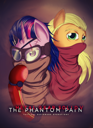 Size: 1636x2248 | Tagged: safe, artist:fluffydus, character:applejack, character:twilight sparkle, big boss, clothing, crossover, goggles, metal gear, metal gear solid, revolver ocelot, scar, scarf, venom snake