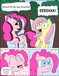 Size: 1024x1322 | Tagged: safe, artist:average-00, character:fluttershy, character:pinkie pie, comic:opposites, comic, faec, one punch man, panic