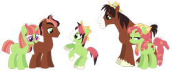 Size: 1024x425 | Tagged: safe, artist:margaretlovez, character:tree hugger, character:trouble shoes, oc, oc only, parent:tree hugger, parent:trouble shoes, parents:troublehugger, species:earth pony, species:pony, species:unicorn, bandana, blaze (coat marking), clothing, colt, crack ship offspring, crack shipping, family, female, glasses, hat, male, mare, offspring, shipping, simple background, stallion, straight, transparent background, troublehugger