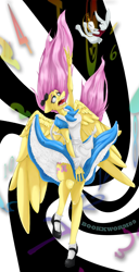 Size: 1024x1993 | Tagged: safe, artist:bookxworm89, character:angel bunny, character:fluttershy, species:anthro, alice in wonderland, clothing, crossover, dress, falling, watch