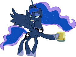 Size: 8040x6000 | Tagged: safe, artist:synthrid, character:princess luna, species:alicorn, species:pony, absurd resolution, cider, dexterous hooves, drunk, drunk luna, ethereal mane, female, galaxy mane, hoof hold, hoof shoes, lidded eyes, mare, mug, simple background, solo, spread wings, transparent background, vector, wings