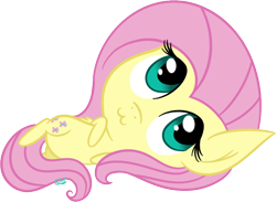 Size: 778x568 | Tagged: safe, artist:silverrainclouds, character:fluttershy, species:pegasus, species:pony, :3, bellyrubs, chibi, cute, female, looking up, on side, shyabetes, simple background, smiling, solo, transparent background, weapons-grade cute