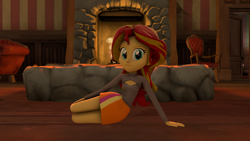 Size: 1920x1080 | Tagged: safe, artist:blumppidy, character:sunset shimmer, my little pony:equestria girls, 3d, breasts, cleavage, clothing, female, fireplace, keyhole turtleneck, open-chest sweater, sitting, smiling, solo, source filmmaker, sweater, turtleneck