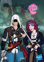 Size: 1600x2263 | Tagged: safe, artist:angelpony99, character:pinkie pie, species:human, assassin, assassin's creed, assassin's creed iv black flag, crossover, edward kenway, gun, hidden blade, humanized, pirate, pistol, saber, sword, weapon