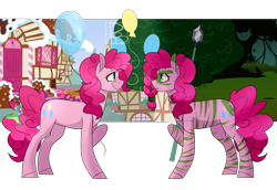 Size: 4349x3000 | Tagged: safe, artist:hfinder, character:pinkie pie, alternate timeline, balloon, chrysalis resistance timeline, female, ponidox, self ponidox, solo, spear, sugarcube corner, tongue out, tribal, tribal pie, weapon