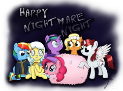 Size: 3297x2434 | Tagged: safe, artist:flufflelord, character:applejack, character:fluttershy, character:pinkie pie, character:rainbow dash, character:rarity, character:twilight sparkle, oc, oc:brownie bun, oc:fausticorn, oc:fluffle puff, oc:littlepip, oc:nyx, oc:snowdrop, species:alicorn, species:earth pony, species:pegasus, species:pony, species:unicorn, alicorn oc, clothing, cosplay, costume, fake cutie mark, fake wings, fanfic, fanfic art, female, glasses, grin, halloween, hooves, horn, lauren faust, mane six, mare, nightmare night, nightmare night costume, pipbuck, simple background, sitting, smiling, standing, taco, tongue out, transparent background, vault suit, wig, wings