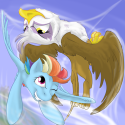Size: 1280x1280 | Tagged: safe, artist:malus22, character:gilda, character:rainbow dash, species:griffon, ship:gildash, episode:the lost treasure of griffonstone, g4, my little pony: friendship is magic, spoiler:s05, female, flying, interspecies, lesbian, shipping