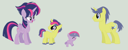 Size: 1336x526 | Tagged: safe, artist:deppressedunicorn, character:comet tail, character:twilight sparkle, character:twilight sparkle (alicorn), oc, oc:satellite, oc:white dwarf, parent:comet tail, parent:twilight sparkle, parents:cometlight, species:alicorn, species:pony, ship:cometlight, alternate hairstyle, family, female, male, mare, offspring, punklight sparkle, shipping, simple background, straight