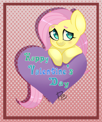 Size: 2491x3000 | Tagged: safe, artist:hfinder, character:fluttershy, card, female, heart, heart eyes, looking at you, polka dots, solo, valentine's day, wingding eyes