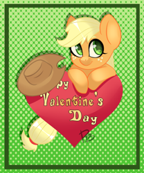 Size: 2491x3000 | Tagged: safe, artist:hfinder, character:applejack, female, heart eyes, solo, valentine's day, wingding eyes