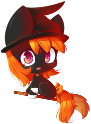 Size: 1079x1478 | Tagged: safe, artist:puffleduck, oc, oc only, oc:orange blossom, species:earth pony, species:pony, :d, chibi, clothing, cute, halloween, hat, witch hat